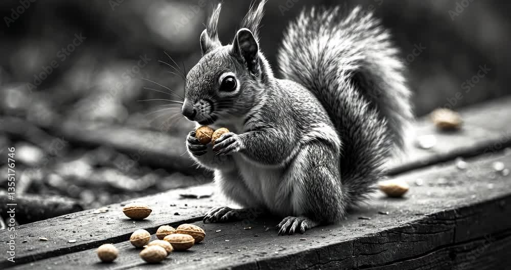A fluffy and adorable grey squirrel is sitting on a wooden surface with a handful of peanuts in its mouth.