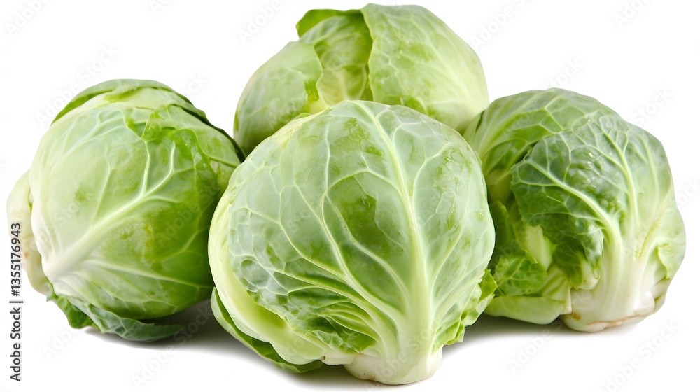 Group of Fresh Green Cabbages Stacked Together on a White Background Highlighting Their Organic Freshness Group of Fresh Green Cabbages Stacked Together on a White Background Highlighting Their Organic Freshness