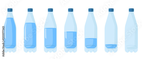 Plastic bottle with different water levels. Full and empty containers. Fresh pure liquid. Refreshing healthy beverage. Drink packaging. H2O fluid. Disposable flask. Vector packages set