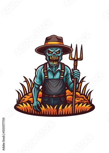 A terrifying zombie farmer, decaying yet menacing, brandishing a rusty pitchfork in a desolate field.  Stan's signature style.