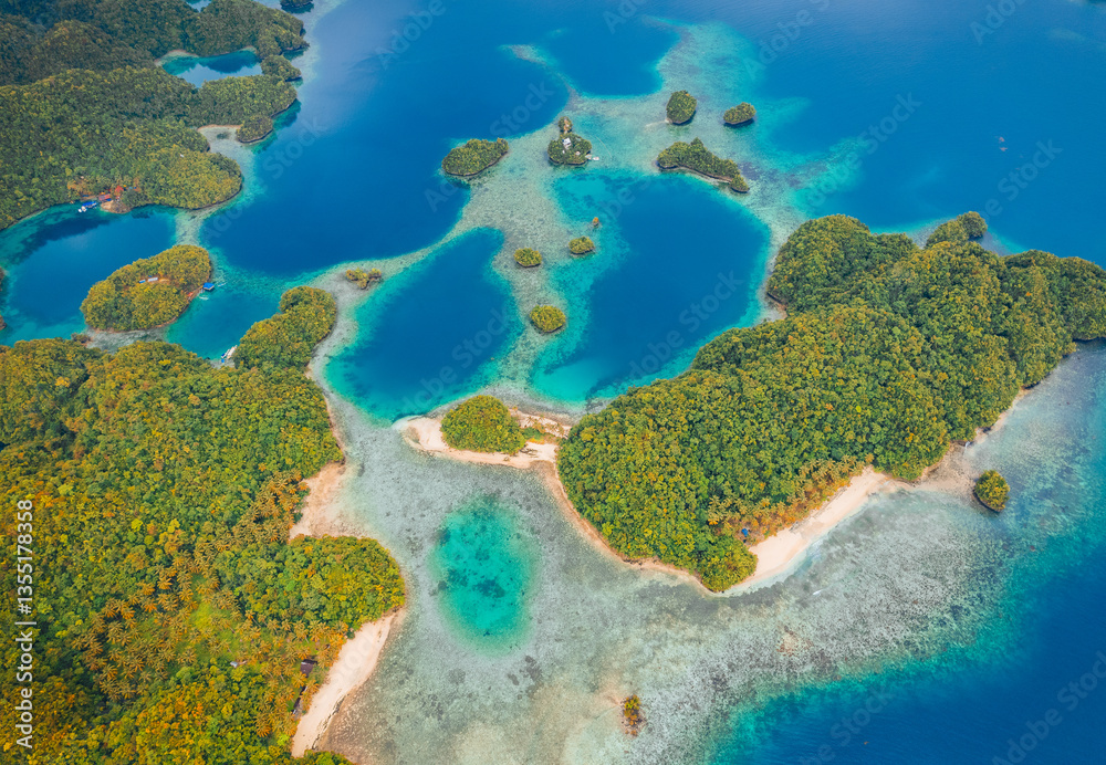 Naklejka premium Stunning Island Formations in the Ocean of Siargao – A Breathtaking Aerial View of Crystal-Clear Waters, Lush Green Islets, and a Tropical Paradise Like No Other!