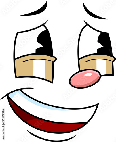 Funny Retro Cartoon Face with Cheeky Smile and Droopy Eyes. 30s 50s 60s Vintage Animation Style Character. Vector Hand Drawn Illustration Isolated On Transparent Background