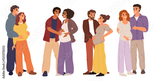 Happy couples with pregnant women. Childbirth expecting. Wife and husband embrace. Pregnancy or parenthood. Belly mother hugs father. Newborn baby expectation. Young parents vector set