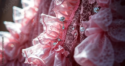 Wallpaper Mural Blurred close-up of a pink lace material embellished with intricate floral designs and a faint grid overlay. The lace glimmers with a gentle sheen under illumination, producing a delicate and Torontodigital.ca