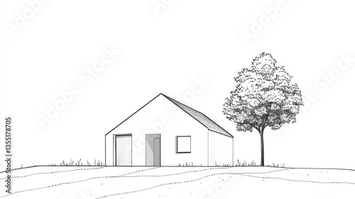 Simple house sketch with tree, architectural design