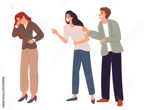 Couple taunting woman. Group bullying. Aggressive behavior to victim. Violence and social pressure. Conflict communication with abuse. Yelling angry people. Blame talk. Vector concept