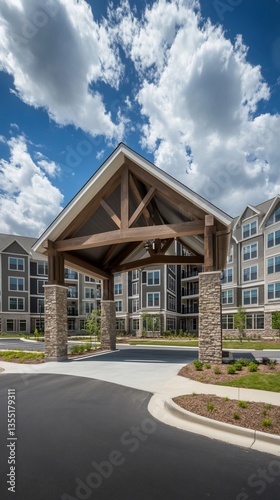 Modern senior living building entrance with wood and stone canopy.