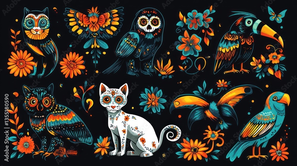 Fototapeta premium Day of the Dead animal and floral design elements.