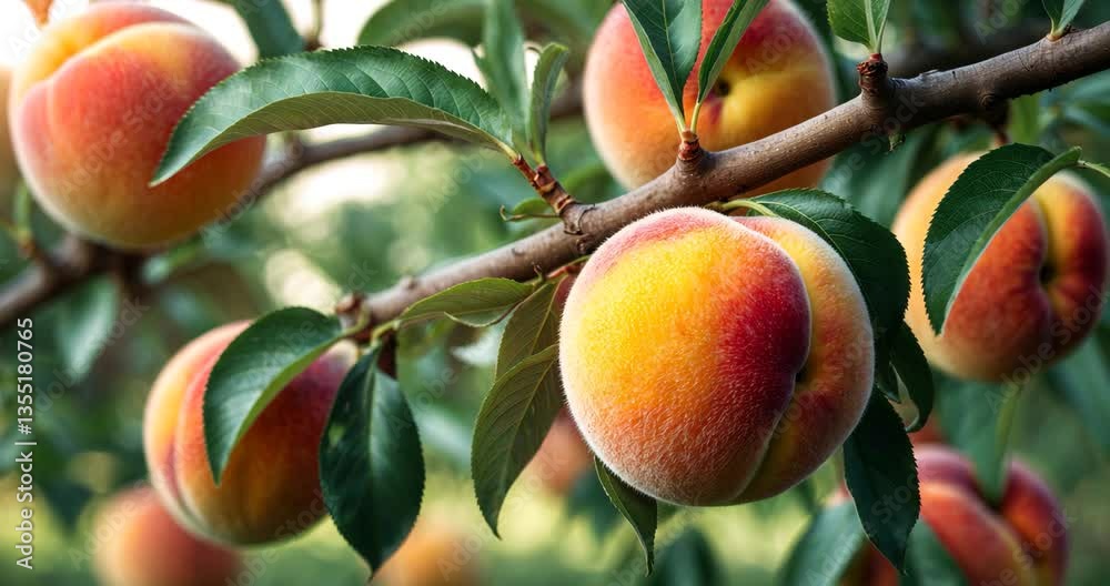 Branch of peach tree in close-up, unripe, starting to develop fruit