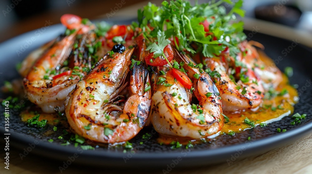 Grilled prawns with chili, herbs, and sauce on a black plate. Grilled prawns with chili, herbs, and sauce on a black plate.