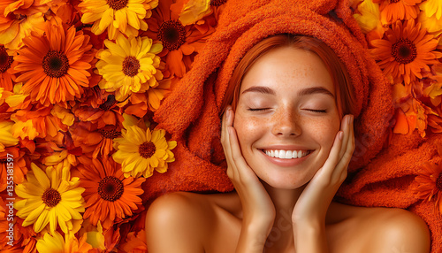 Happy woman with flower bath, and spa.
