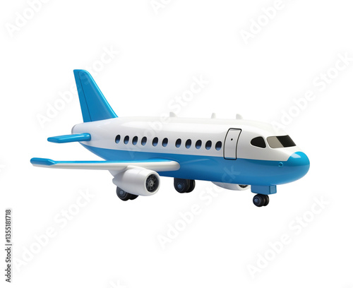 Flying plane icon. Cute, cartoon 3d realistic white airplane with blue portholes and wings, perspective view