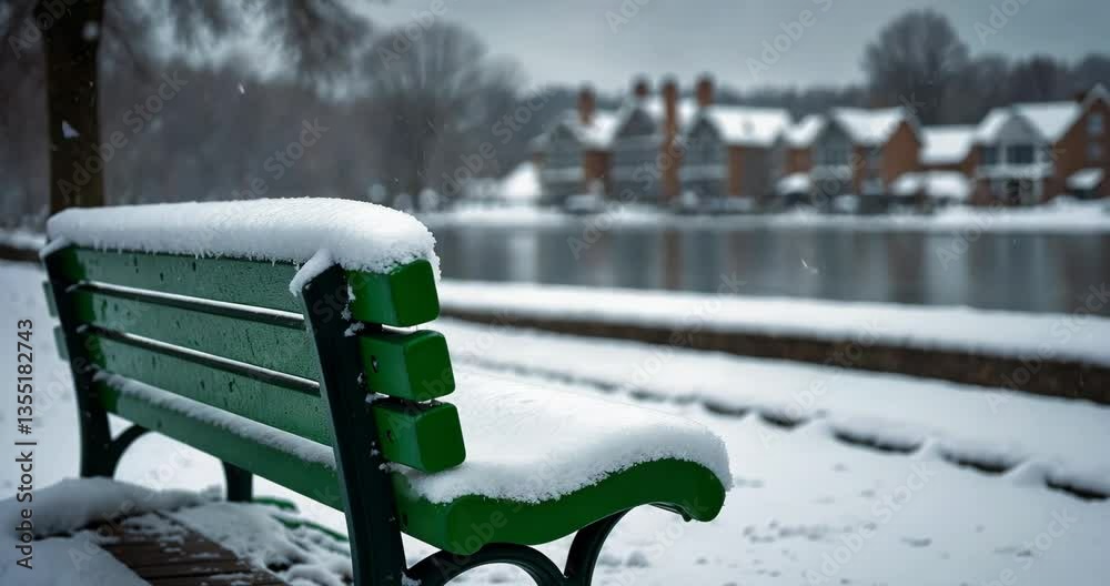 A section of a green park bench is blanketed in snow during a snowstorm while the park is coated in snow.