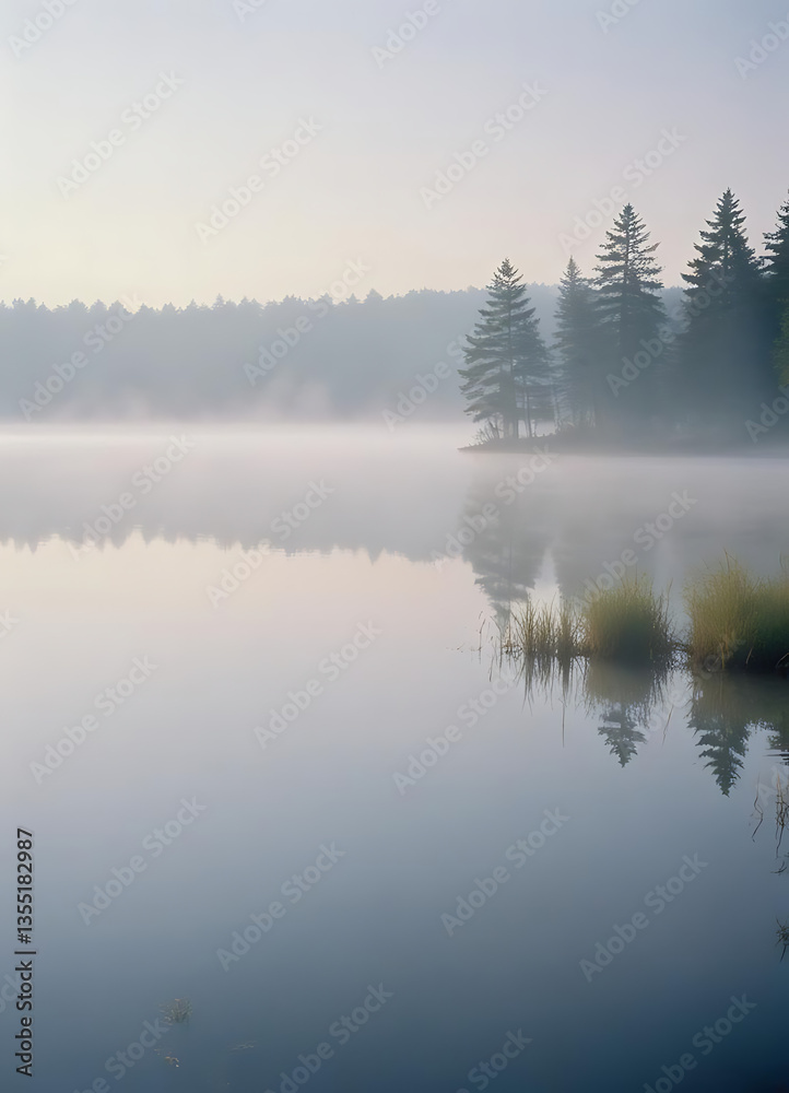 Fototapeta premium Misty Morning Reflections of Trees on a Lake