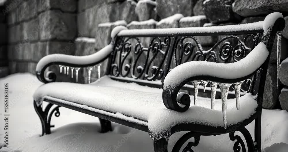 Black and white photograph of a decorative wrought iron bench covered in snow and ice.