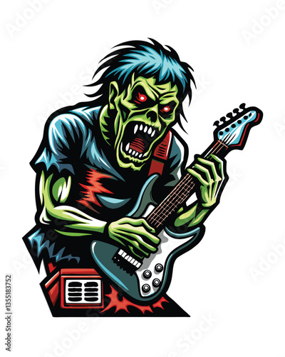 A decaying zombie guitarist passionately shreds an electric guitar, showcasing impressive skill despite decomposition.  Intricate detail on both the zombie and instrument is crucial.