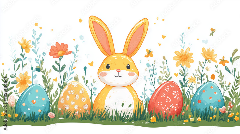 Obraz premium Pixelated Easter Bunny and Colorful Decorated Eggs Amidst Blooming Flowers and Green Grass Festive Holiday Celebration Springtime Graphics with Joyful Cartoon Design