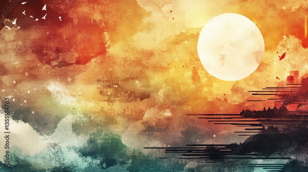 Fototapeta premium A luminous full moon and birds fly in colorful painted sky