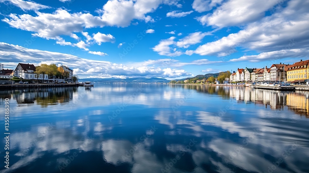 Serene lake view reflecting clouds and mountains under bright blue sky in picturesque landscape : Generative AI Serene lake view reflecting clouds and mountains under bright blue sky in picturesque landscape : Generative AI