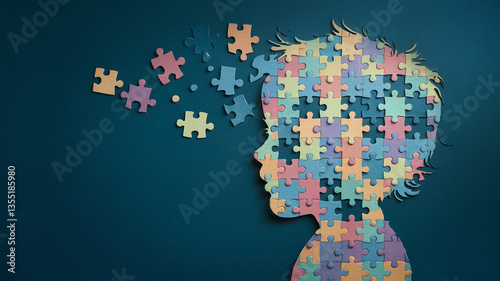 Child's profile formed from colorful jigsaw puzzle pieces, some missing, symbolizing autism, diversity, or developmental challenges. Free space available