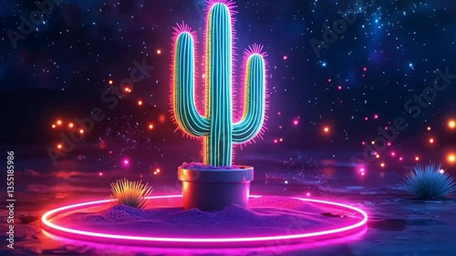 Neon Cactus in Desert Scene, Night Sky Background, Artistic, Digital Art, Stock Photo