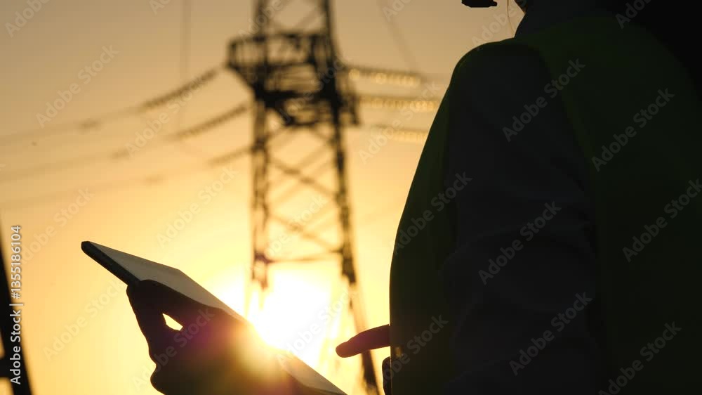 silhouette electrical engineer, work tablet sunset, electric tower, digital hand, engineer field with electric towers works tablet hand, engineer with tablet works near electric poles sunset, data