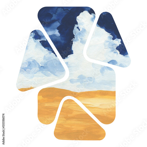 Abstract landscape painting in organic shape cutout pattern.