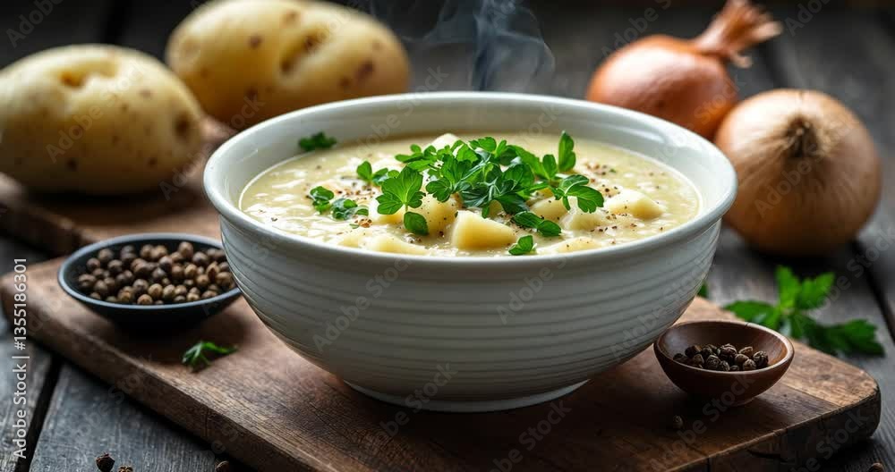 Bowl of smooth potato soup on wooden dish Bowl of smooth potato soup on wooden dish
