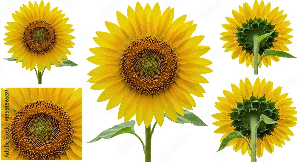 Fototapeta premium Sunflower 360: A Multi-Faceted Botanical Portrait on Pure White