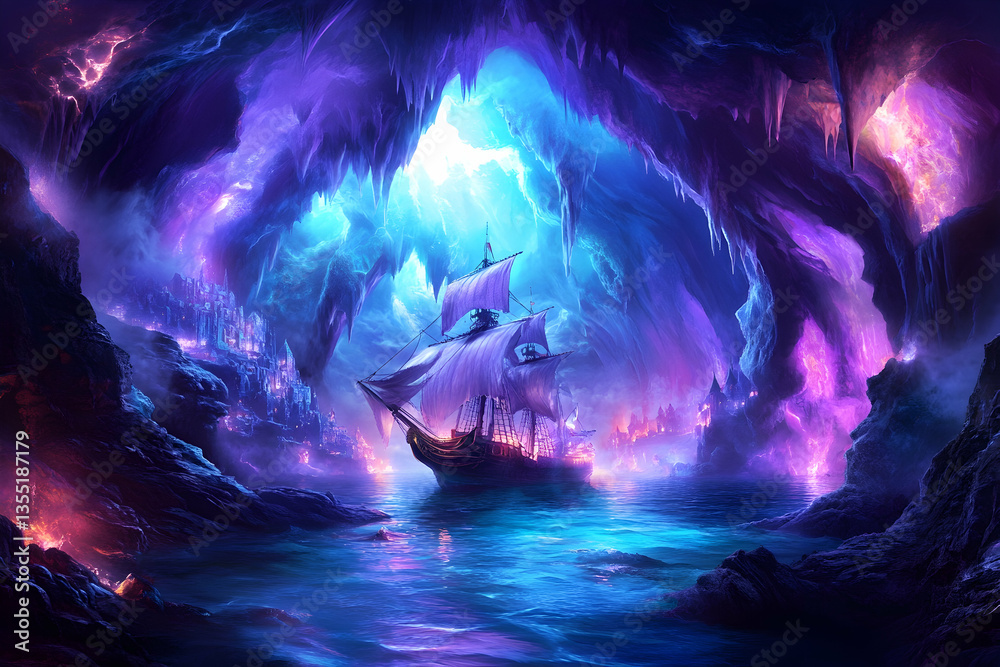 Obraz premium Ship sailing in glowing crystal cave, fantasy art