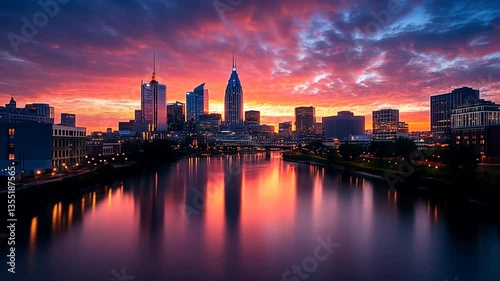 Nashville skyline sunrise over river, vibrant colors, city lights reflected. Use Background, wallpaper, stock photo