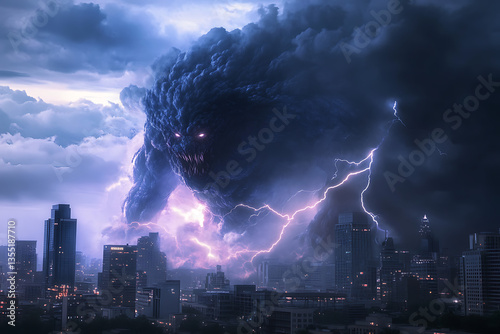 A colossal storm monster looms over a bustling city skyline, lightning illuminating the dark clouds