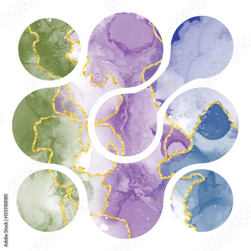 Abstract vibrant watercolor texture background in organic shape cutout pattern.