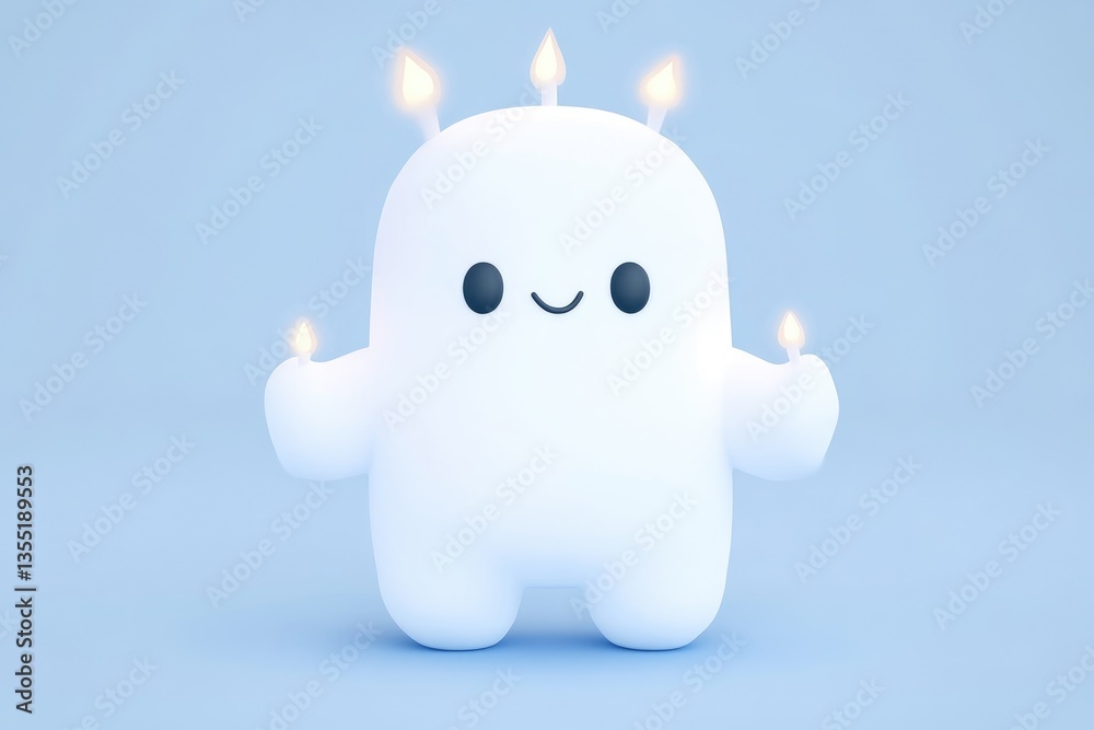 Cute, light-blue background, 3D character with candles Cute, light-blue background, 3D character with candles