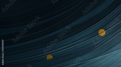 Abstract dark blue curves with yellow circles.