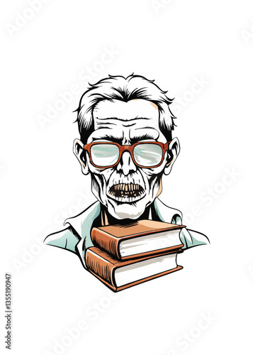 A decaying zombie librarian, with cracked glasses and tattered clothing, stands amidst scattered books in a dimly lit library.