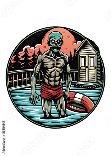A decaying zombie lifeguard, still in uniform, stands beside a deserted swimming pool, ominous and unsettling.