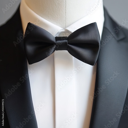 a minimalistic matte black bow tie with sharp edges, paired with a sleek modern tuxedo, clean lines, and elegant composition