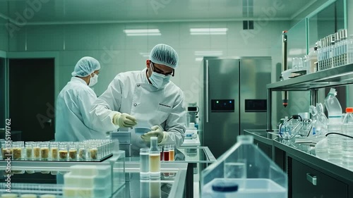 Two scientists wearing protective gear working in a sterile laboratory, inspecting packaged samples.