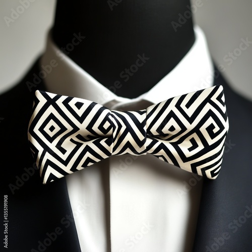 a modern geometric bow tie in black and white patterns, paired with a sharp black suit, sleek and contemporary design, bold and dynamic atmosphere