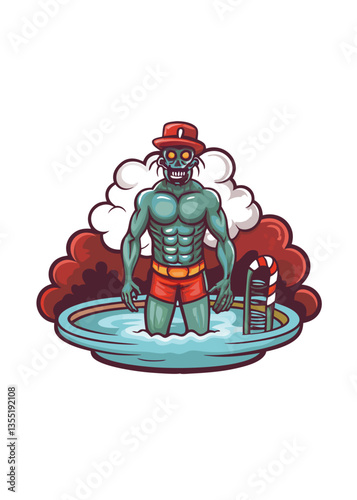 A terrifying yet comical image of a decaying zombie lifeguard, still manning his post on a deserted beach.  He wears a tattered lifeguard uniform.