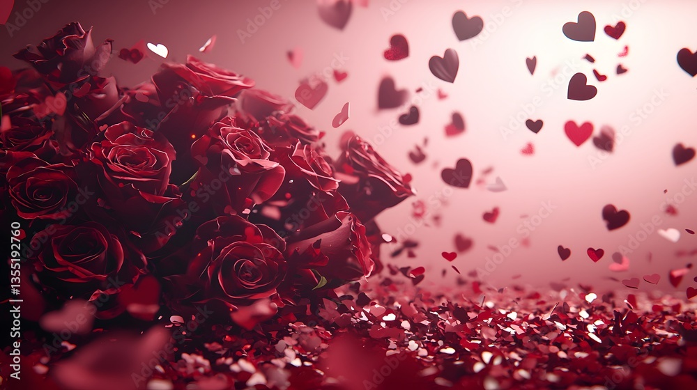 Stunning Arrangement of Red Roses and Floating Hearts in a Romantic Atmosphere with Sparkling Background Stunning Arrangement of Red Roses and Floating Hearts in a Romantic Atmosphere with Sparkling Background