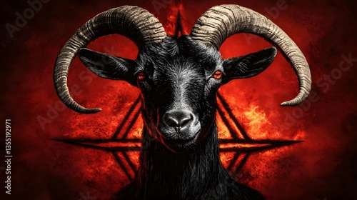 Wallpaper Mural Black Goat with Curved Horns Against a Red Background Featuring Occult Symbols and Flames Torontodigital.ca