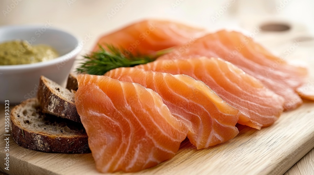 Sliced Swedish gravlax with mustard-dill sauce and rye bread in a Scandinavian minimalist setting with cool tones Sliced Swedish gravlax with mustard-dill sauce and rye bread in a Scandinavian minimalist setting with cool tones