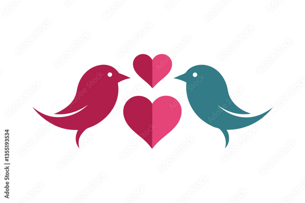 Bird Couple with Hearts Abstract Birds, Two Birds, Minimalist Icon, Magenta, Teal Color Bird Couple with Hearts Abstract Birds, Two Birds, Minimalist Icon, Magenta, Teal Color