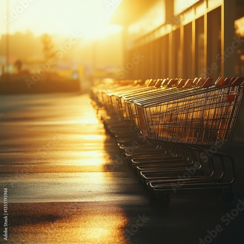 a neatly arranged row of empty shopping carts outside a supermarket, glowing under golden hour light, serene and peaceful atmosphere