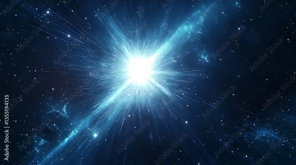 An explosive burst of energy with glowing rays, bright blue beams, and a starry background, creating a magical, cosmic portal in the dark night sky An explosive burst of energy with glowing rays, bright blue beams, and a starry background, creating a magical, cosmic portal in the dark night sky