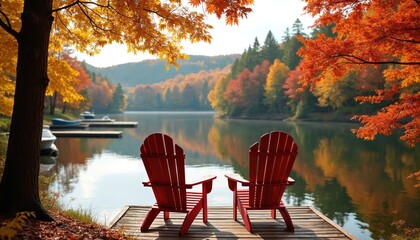 Leinwandbilder Schwarz Two red chairs on wooden dock overlooking calm lake surrounded by vibrant autumn forest. Idyllic Canadian landscape with colorful trees reflected in water. Relaxing vacation getaway.  © miss irine