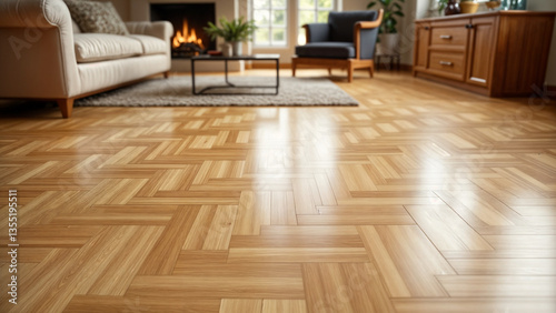 Elegant Parquet Flooring in Warm-Toned Living Room with Cozy Fireplace Ambiance