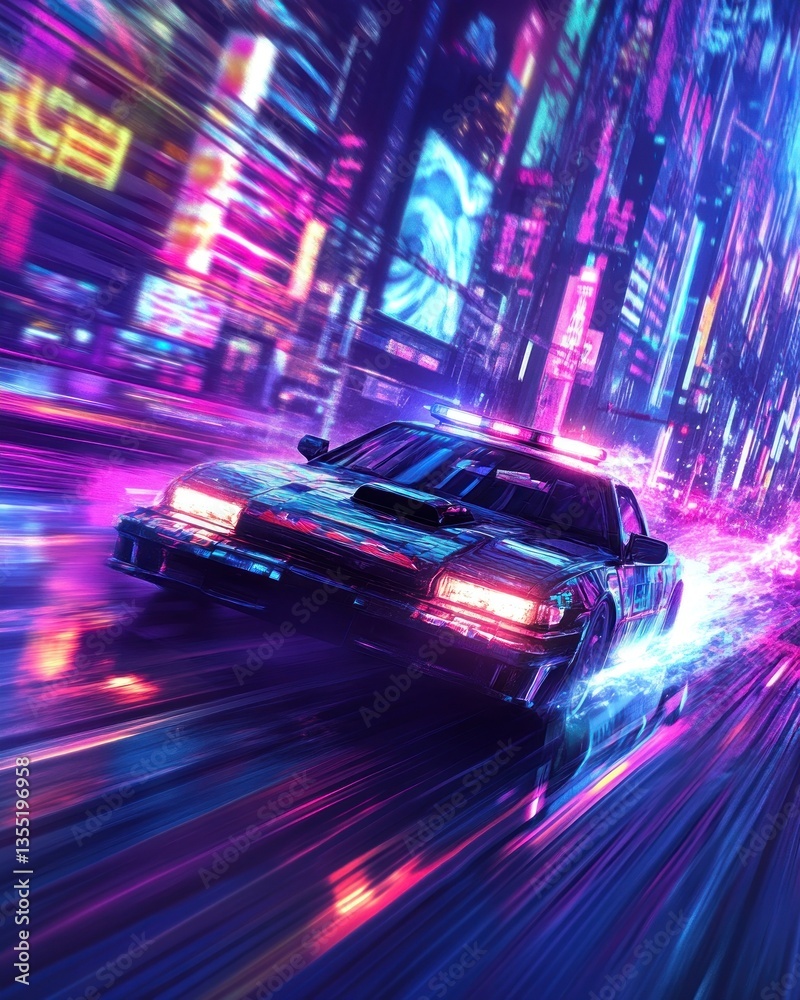 Cyberpunk police car speeding through a vibrant neon city at night Cyberpunk police car speeding through a vibrant neon city at night